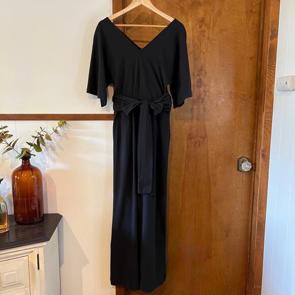 ABLE Black V Neck Wide Leg Rosario Jumpsuit Kimono Sleeve Tie Waist Cotton Sz XS - Picture 1 of 12